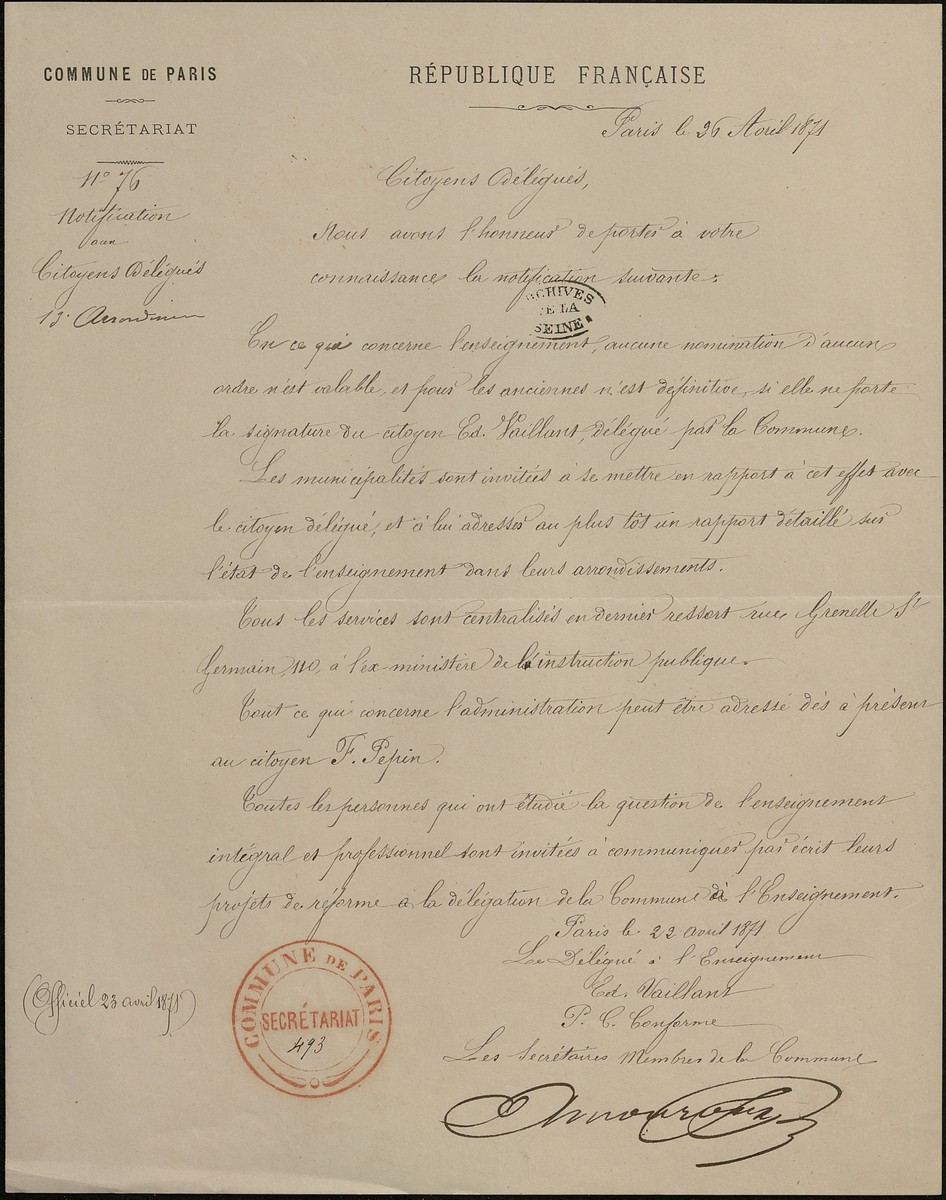 Note de la commission de l’Enseignement aux délégués communaux du 13e arrondissement, 26 avril 1871. Archives de Paris, VD3 14.