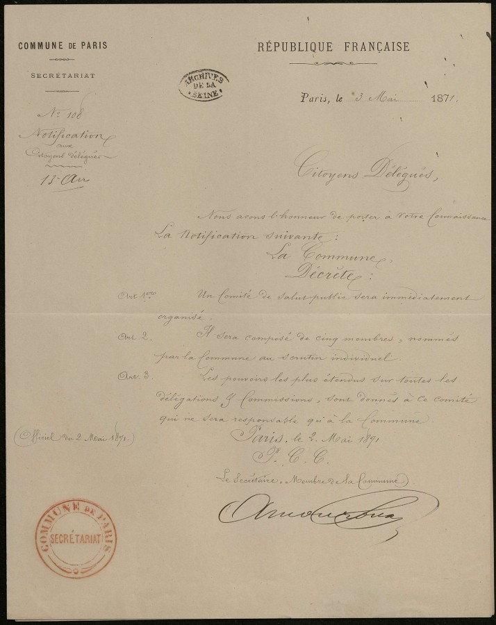 Notification aux citoyens délégués du 13e arrondissement de l’organisation d’un Comité de salut public, 3 mai 1871. Archives de Paris, VD3 14.