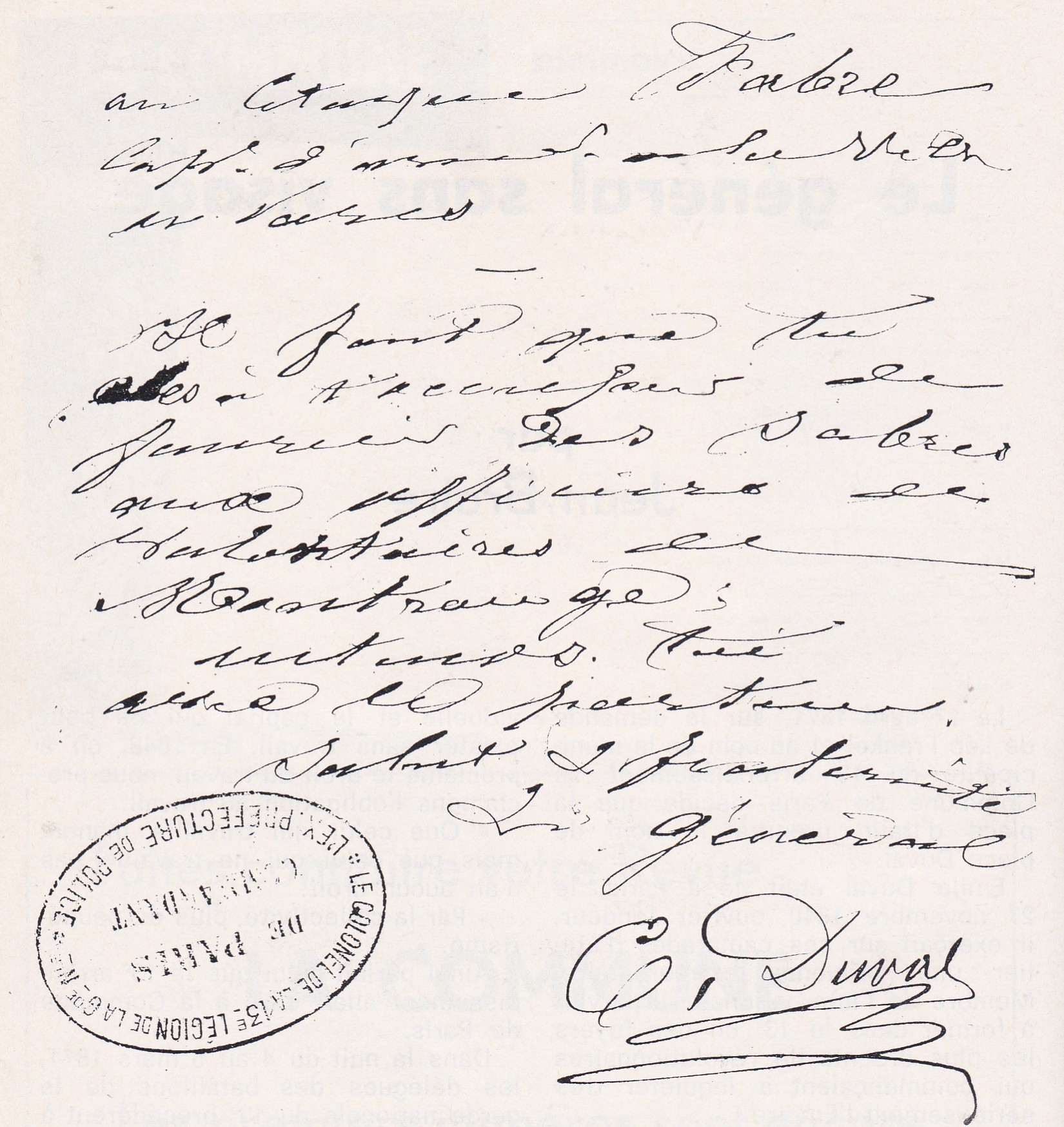 Ordre signé par le général de la Commune de Paris 1871 Émile Duval.