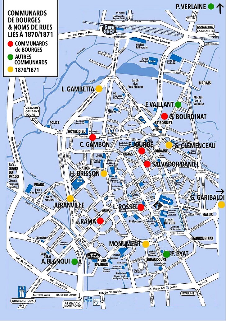 Plan de Bourges avec les communards présents dans la ville