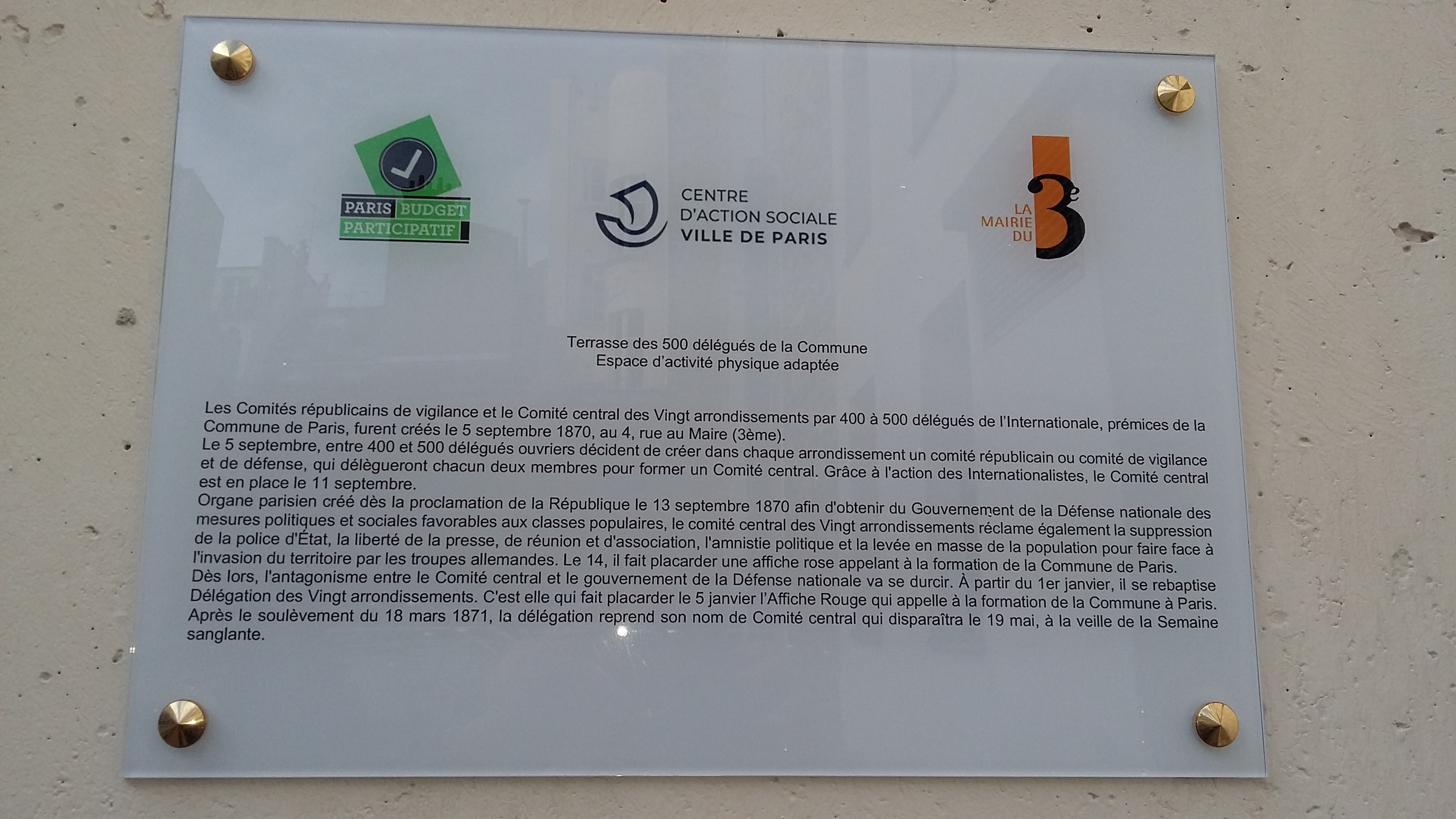 Plaque Terrasse des 500 délégués de la Commune - Paris 3ème