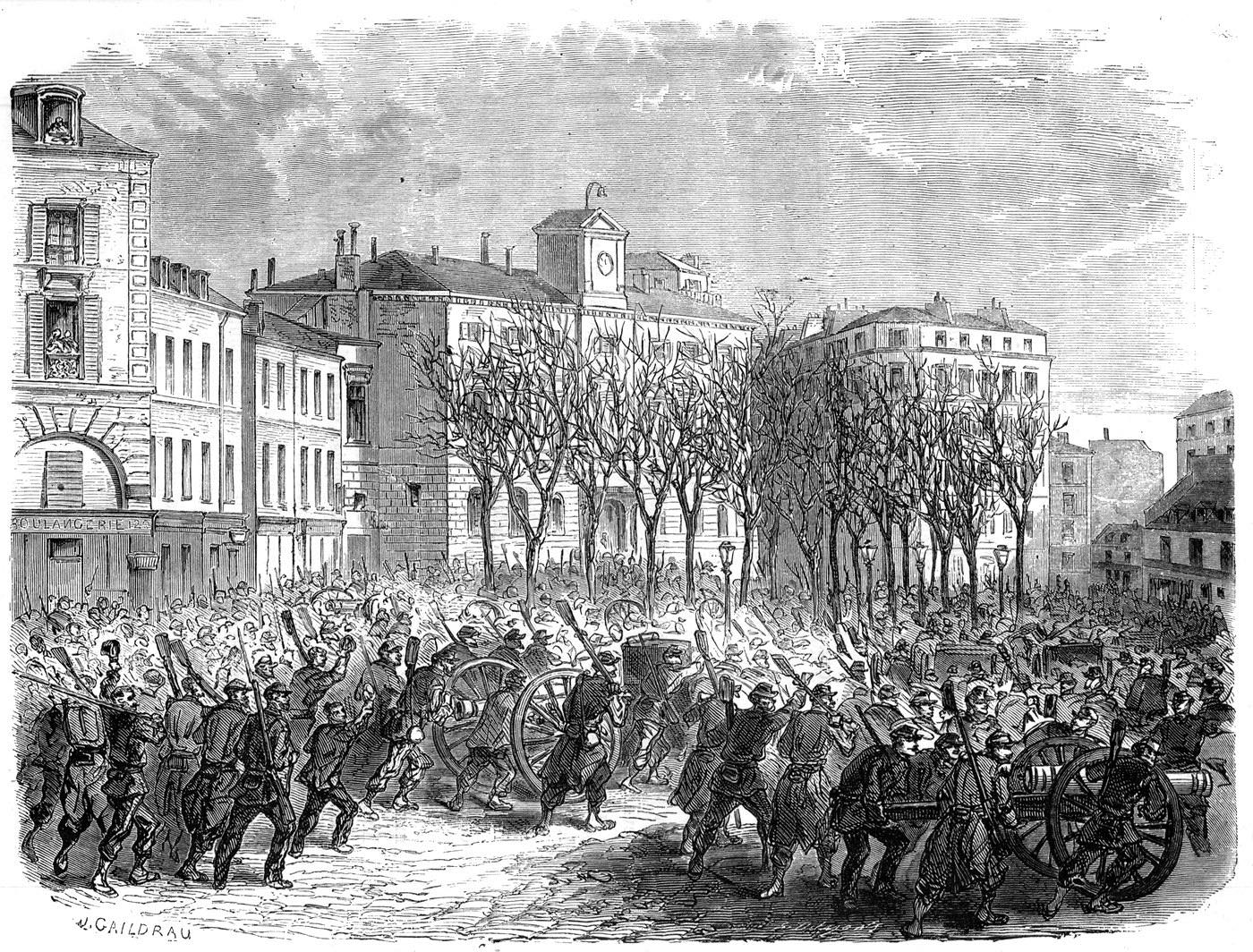 Arrivée des canons repris à l'armée devant la mairie du 18 e arrondissement, le 18 mars 1871 - Gravure de J. Gaildrau pour L'Illustration du 25 mars 1871.