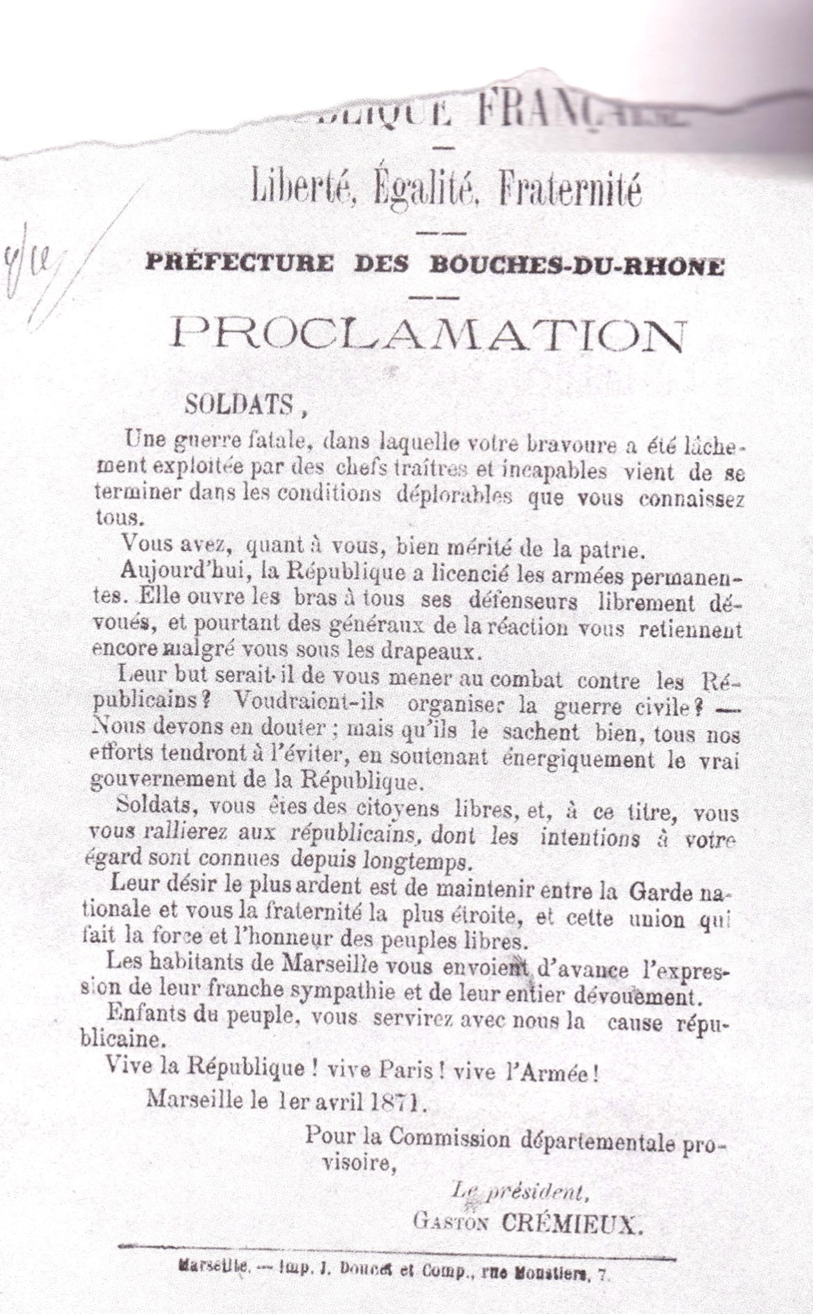 Affiche de la Commission départementale provisoire, proclamation aux soldats, signée de Gaston Crémieux 1er avril 1871, Collection Archives départementales des Bouches-du-Rhône)