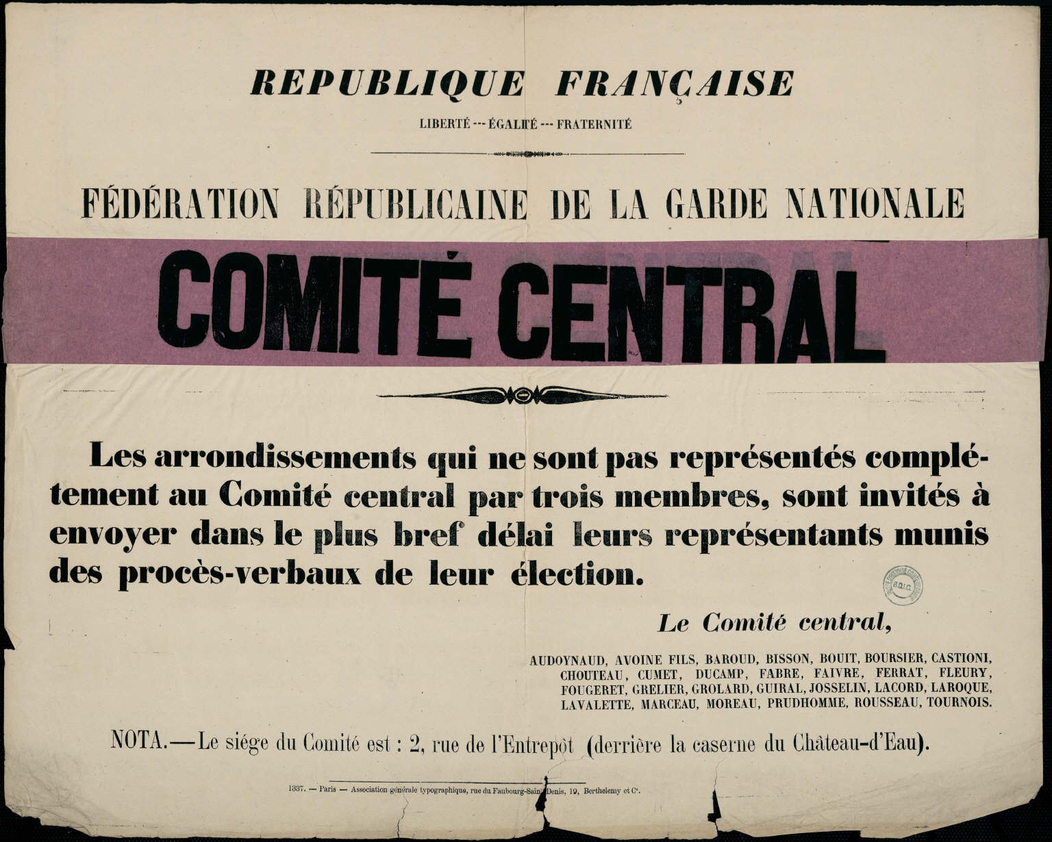 Commune de Paris 1871 : Affiche du Comité central de la Garde nationale avec signature de Rousseau 