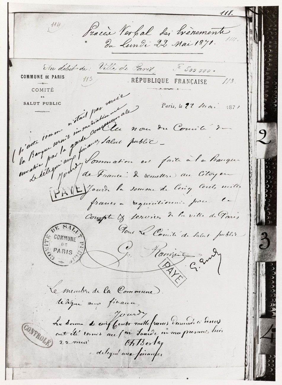 Document officiel pour la réquisition d'une somme d'argent de la part du Comité du salut public auprès de la Banque de France, 22 mai 1871 (CC0 Paris Musées / Musée Carnavalet)