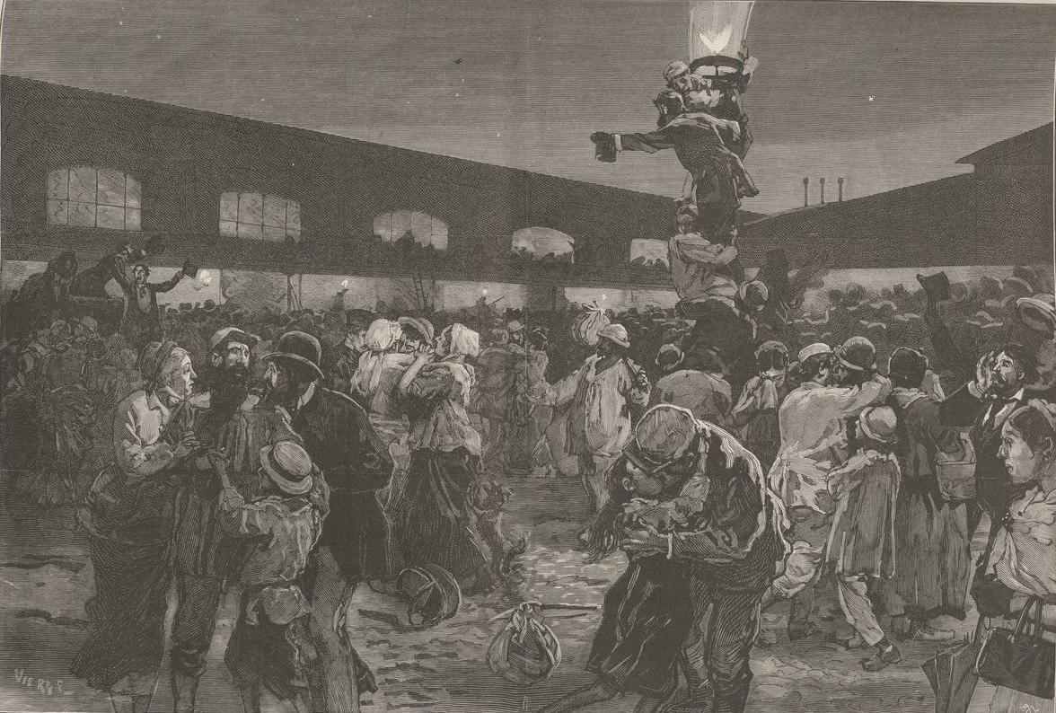 Arrivée du premier convoi de rapatriement de communards déportés amnistiés, en gare d’Orléans le 3 septembre 1879. Dessinde Vierge Le Monde Illustré (13-09-1879, 23e année, n° 1172, p.165) 