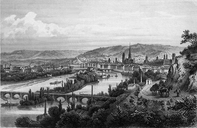 Rouen vers 1860 gravure par Robocq, édité par William Duckett. 