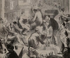 40, Rupert Street, le lieu de réunion des proscrits de la Commune à Londres. Dessin de M.D. Loye (Le Monde illustré)