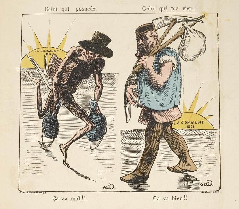 Celui qui possède. Celui qui n'a rien. / Ça va mal !!. Ça va bien !!... - Lévy, Alphonse (dit Saïd), Lithographie, Estampe en couleurs  (source : © Musée Carnavalet – Histoire de Paris)