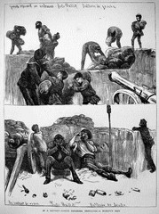 En haut, « Gamins réparant une embrasure Porte Maillot. Batterie de gauche » En bas, « Un instant de repos. Porte Maillot. Batterie de droite » Parution du 13 mai 1871