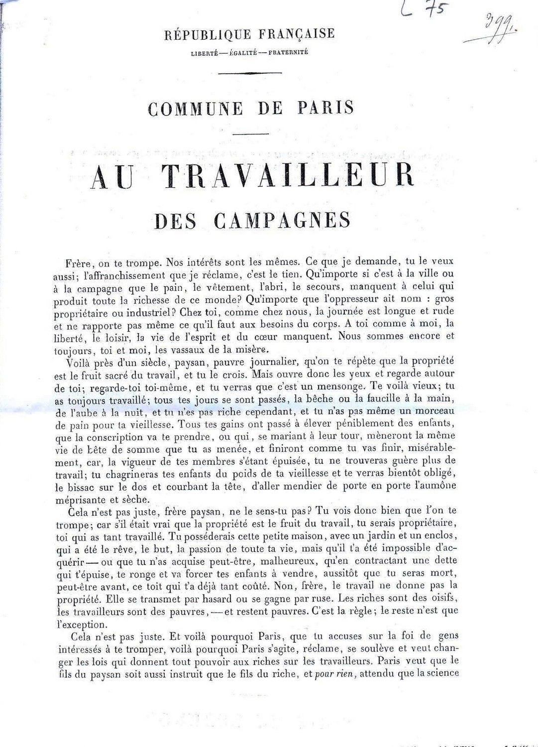 Tract "Appel aux travailleurs des campagnes", publié dans "La Commune" du 10 avril 1871 (1ère partie)