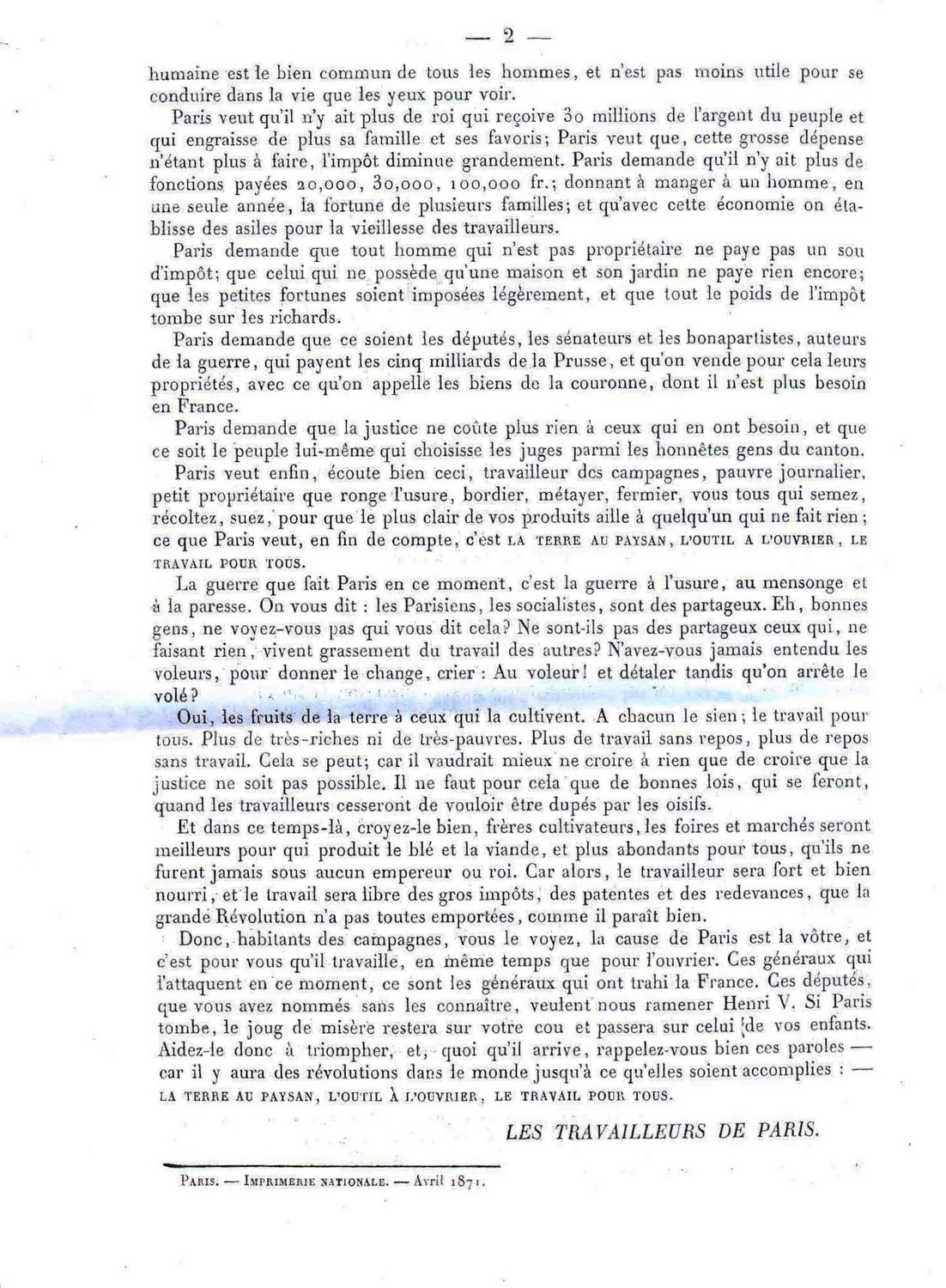 Tract "Appel aux travailleurs des campagnes", publié dans "La Commune" du 10 avril 1871 (2ème partie)