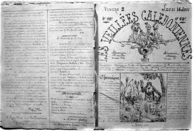 LES VEILLÉES CALÉDONIENNES (huitième page du n°1 et première du n°2, du 14 juin 1877) (source : blog de Georges Coquilhat, Ma Nouvelle-Calédonie)