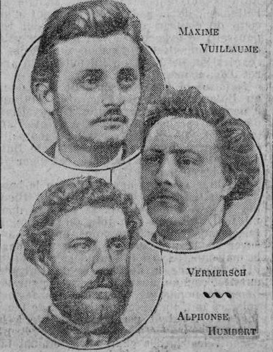 Les trois rédacteurs du Père Duchêne :  Eugène Vermersch (1845-1878), poète et journaliste - Maxime Vuillaume (1844-1925), ingénieur et journaliste - Alphonse Humbert (1844-1922), militant blanquiste et journaliste.